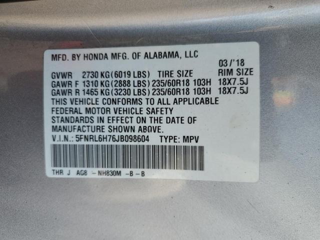 5FNRL6H76JB098604 - 2018 HONDA ODYSSEY EXL SILVER photo 13