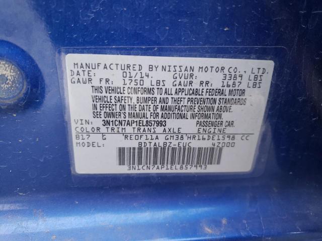 3N1CN7AP1EL857993 - 2014 NISSAN VERSA S BLUE photo 13