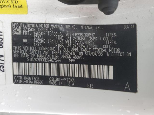 5TDZK3DC0ES467544 - 2014 TOYOTA SIENNA WHITE photo 12