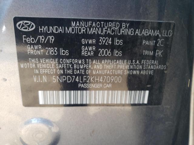 5NPD74LF2KH470900 - 2019 HYUNDAI ELANTRA SE GRAY photo 12