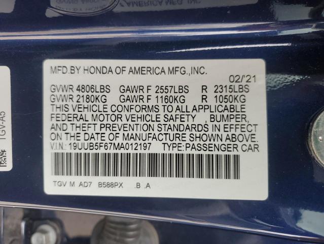 19UUB5F67MA012197 - 2021 ACURA TLX ADVANCE 蓝色 照片 12