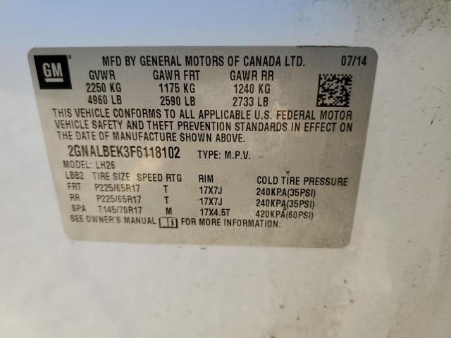 2GNALBEK3F6118102 - 2015 CHEVROLET EQUINOX LT WHITE photo 12