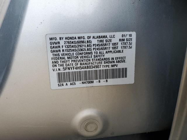 5FNYF4H54AB034907 - 2010 HONDA PILOT EXL SILVER photo 13