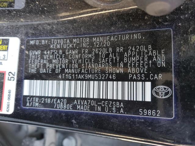 4T1G11AK9MU532746 - 2021 TOYOTA CAMRY SE BLACK photo 12