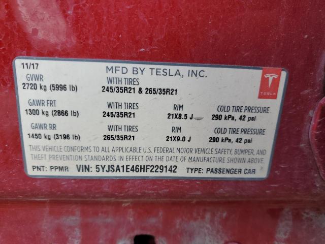 5YJSA1E46HF229142 - 2017 TESLA MODEL S RED photo 12