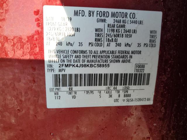 2FMPK4J98KBC58955 - 2019 FORD EDGE SEL მუქწითელი ფოტო 13