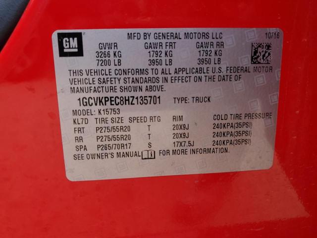 1GCVKPEC8HZ135701 - 2017 CHEVROLET SILVERADO K1500 CUSTOM RED photo 12