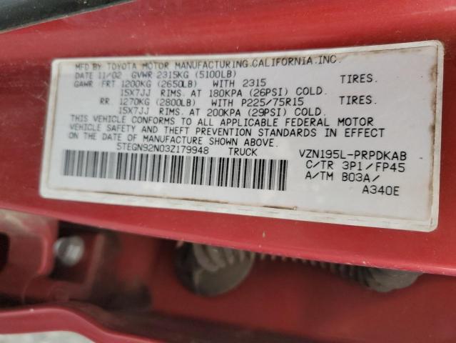 5TEGN92N03Z179948 - 2003 TOYOTA TACOMA DOUBLE CAB PRERUNNER RED photo 13