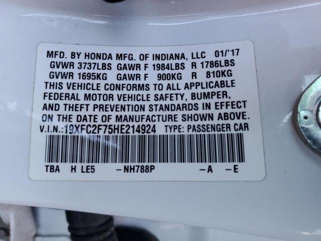 19XFC2F75HE214924 - 2017 HONDA CIVIC EX WHITE photo 12