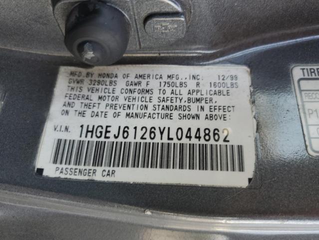 1HGEJ6126YL044862 - 2000 HONDA CIVIC DX GRAY photo 12