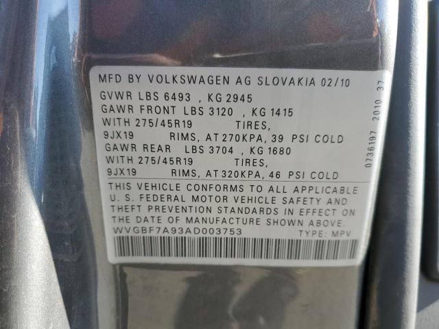 WVGBF7A93AD003753 - 2010 VOLKSWAGEN TOUAREG V6 CHARCOAL photo 13