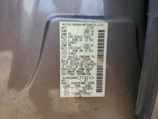 5N1AR18U65C774715 - 2005 NISSAN PATHFINDER LE GRAY photo 13