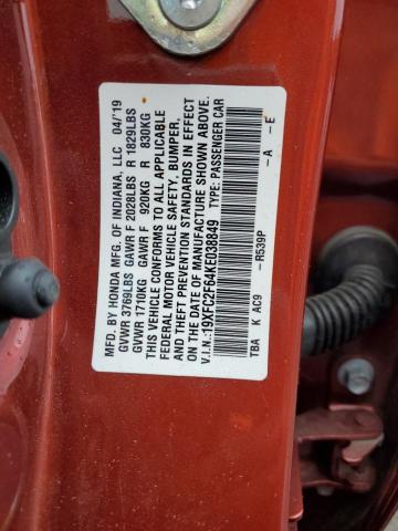 19XFC2F64KE038849 - 2019 HONDA CIVIC LX RED photo 12