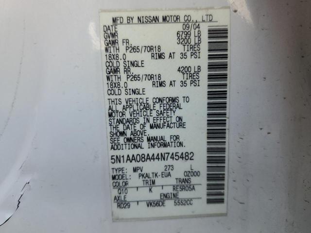 5N1AA08A44N745482 - 2004 NISSAN ARMADA SE WHITE photo 13