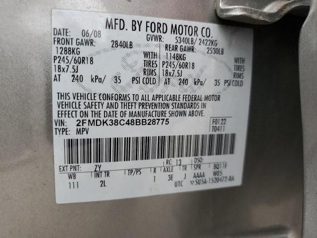 2FMDK38C48BB28775 - 2008 FORD EDGE SEL SILVER photo 12