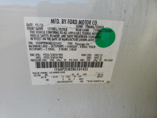 1FAHP2EW2BG101435 - 2011 FORD TAURUS SEL WHITE photo 13