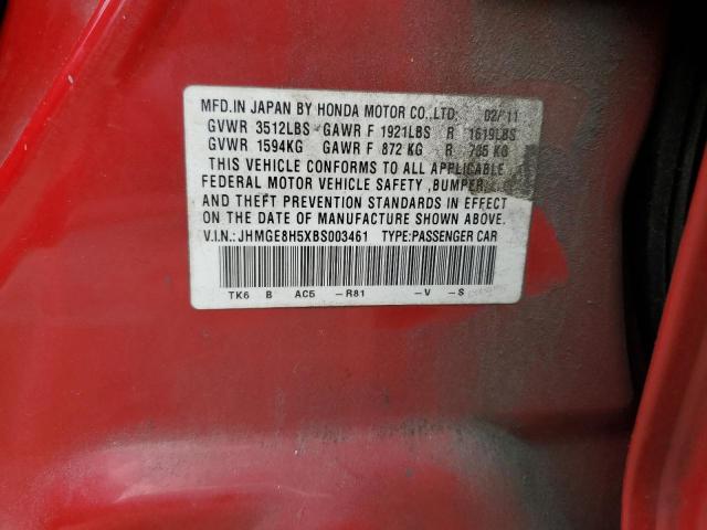 JHMGE8H5XBS003461 - 2011 HONDA FIT SPORT RED photo 12