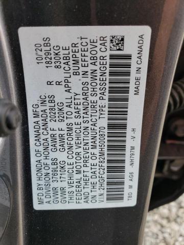 2HGFC2F82MH500870 - 2021 HONDA CIVIC SPORT 灰色 照片 12
