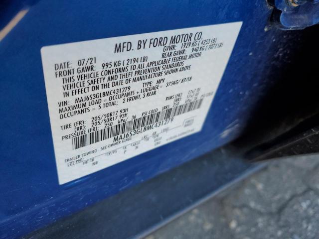 MAJ6S3GL8MC431279 - 2021 FORD ECOSPORT SE BLUE photo 12