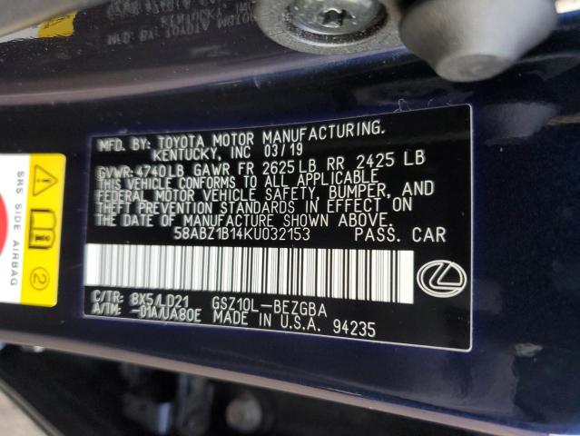 58ABZ1B14KU032153 - 2019 LEXUS ES 350 BLUE photo 12