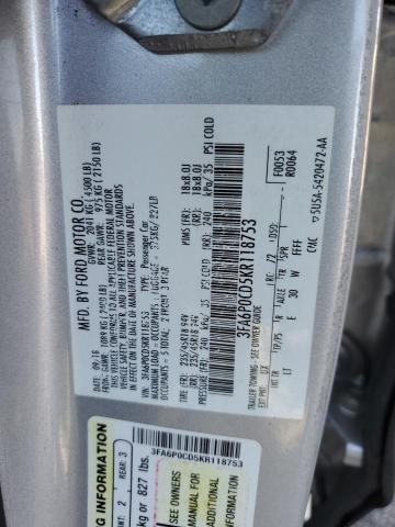 3FA6P0CD5KR118753 - 2019 FORD FUSION SEL SILVER photo 12