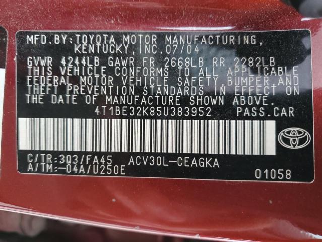 4T1BE32K85U383952 - 2005 TOYOTA CAMRY LE MAROON photo 13