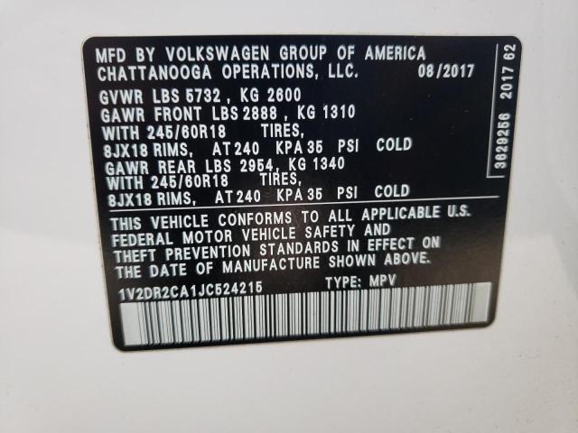 1V2DR2CA1JC524215 - 2018 VOLKSWAGEN ATLAS SE WHITE photo 12