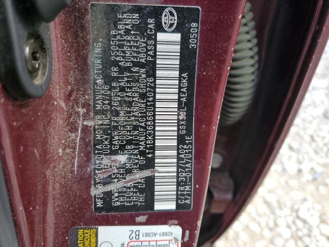 4T1BK36B66U140726 - 2006 TOYOTA AVALON XL MAROON photo 12