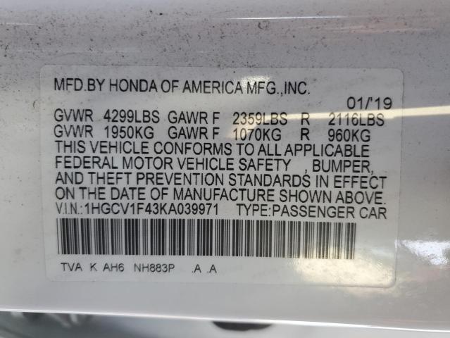 1HGCV1F43KA039971 - 2019 HONDA ACCORD EX WHITE photo 12