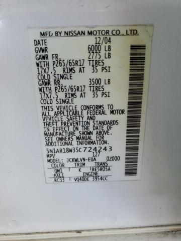 5N1AR18W35C724243 - 2005 NISSAN PATHFINDER LE WHITE photo 13