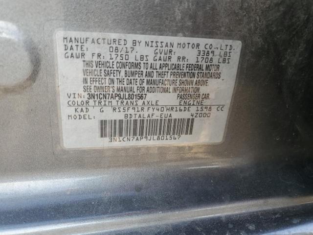 3N1CN7AP9JL801567 - 2018 NISSAN VERSA S GRAY photo 13