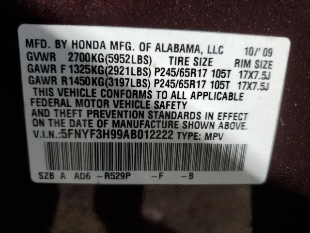 5FNYF3H99AB012222 - 2010 HONDA PILOT TOURING BURGUNDY photo 13