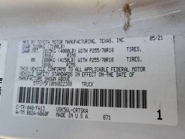 5TFUY5F10MX022388 - 2021 TOYOTA TUNDRA DOUBLE CAB SR/SR5 WHITE photo 12