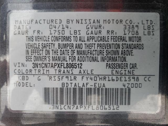 3N1CN7APXFL806512 - 2015 NISSAN VERSA S GRAY photo 12