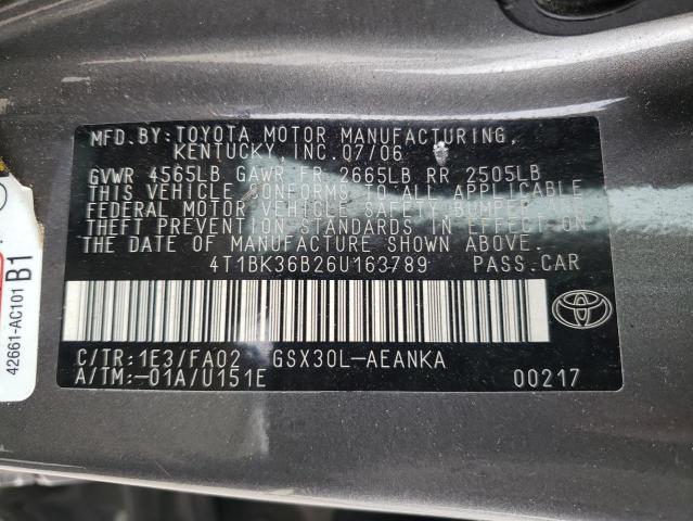 4T1BK36B26U163789 - 2006 TOYOTA AVALON XL GRAY photo 12