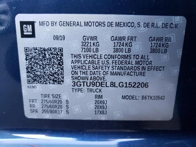 3GTU9DEL8LG152206 - 2020 GMC SIERRA K1500 SLT BLUE photo 13