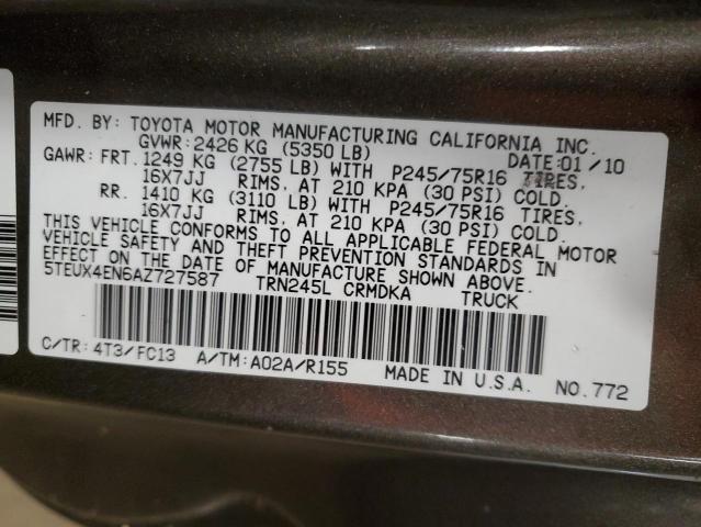 5TEUX4EN6AZ727587 - 2010 TOYOTA TACOMA ACCESS CAB ნაცრისფერი ფოტო 12