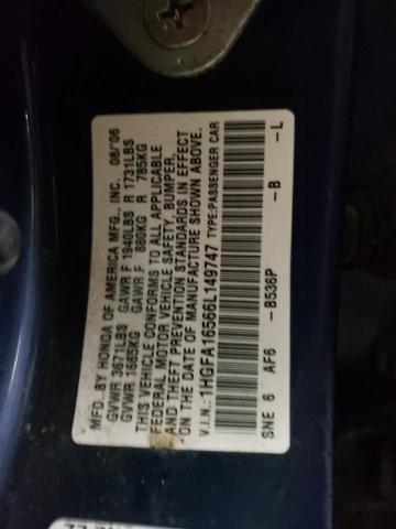 1HGFA16566L149747 - 2006 HONDA CIVIC LX BLUE photo 12