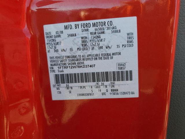 1FTRF12W78KD37407 - 2008 FORD F150 RED photo 12