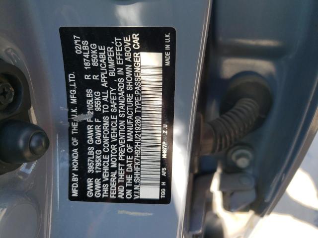 SHHFK7H92HU219280 - 2017 HONDA CIVIC SPORT TOURING BLUE photo 12