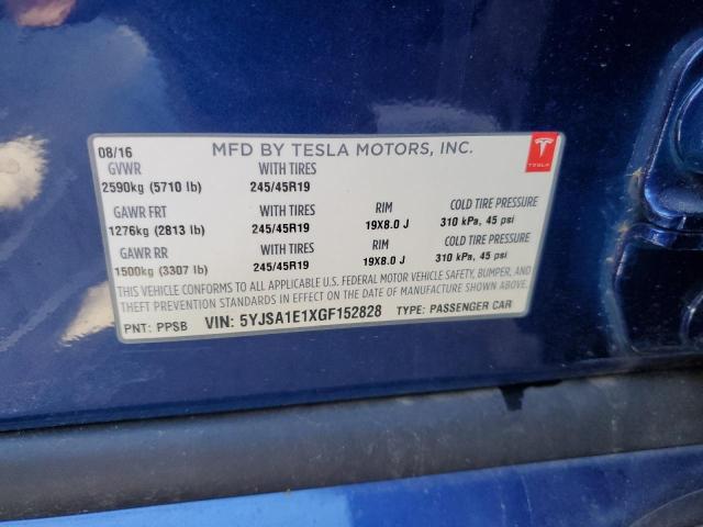 5YJSA1E1XGF152828 - 2016 TESLA MODEL S Կապույտ լուսանկար 12