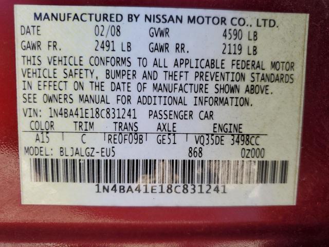 1N4BA41E18C831241 - 2008 NISSAN MAXIMA SE RED photo 13