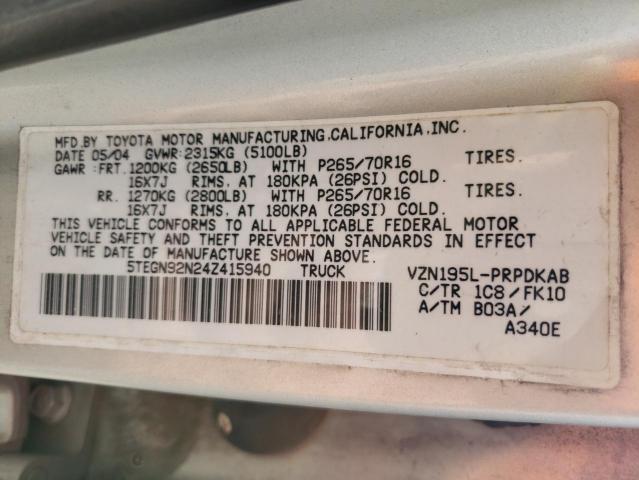 5TEGN92N24Z415940 - 2004 TOYOTA TACOMA DOUBLE CAB PRERUNNER SILVER photo 12