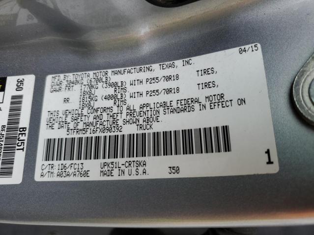 5TFRM5F16FX090392 - 2015 TOYOTA TUNDRA DOUBLE CAB SR/SR5 GRAY photo 12
