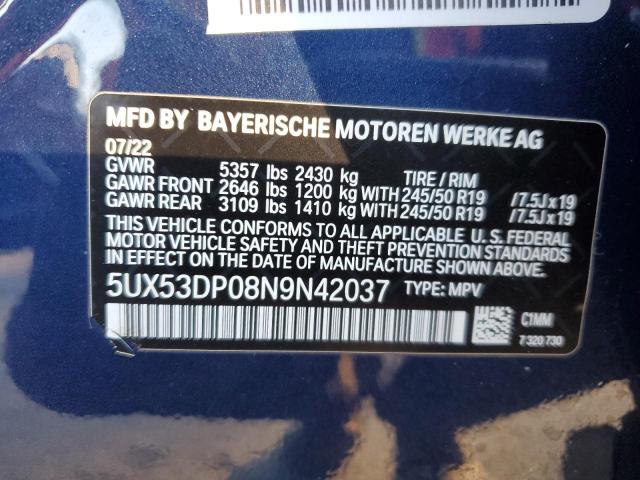 5UX53DP08N9N42037 - 2022 BMW X3 XDRIVE30I BLUE photo 14