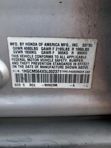 1HGCM564X5L002371 - 2005 HONDA ACCORD LX SILVER photo 12