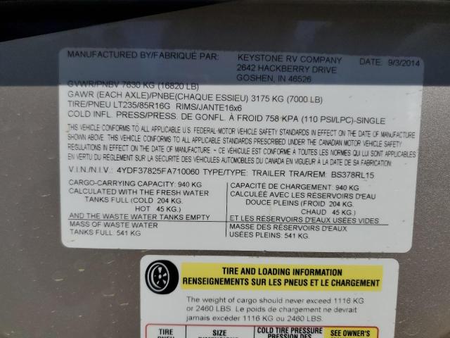 4YDF37825FA710060 - 2015 KEYSTONE MONTANA BEIGE photo 10