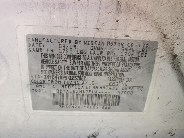 3N1CN7AP9KL857882 - 2019 NISSAN VERSA S WHITE photo 13