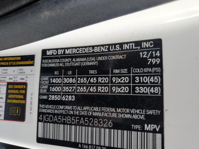 4JGDA5HB5FA528326 - 2015 MERCEDES-BENZ ML 350 4MATIC WHITE photo 12