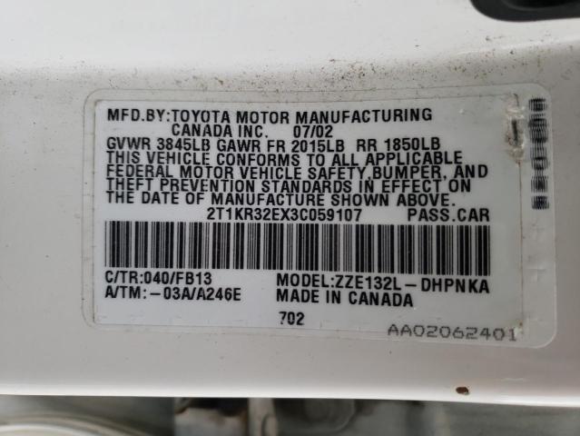 2T1KR32EX3C059107 - 2003 TOYOTA COROLLA MA XR WHITE photo 12